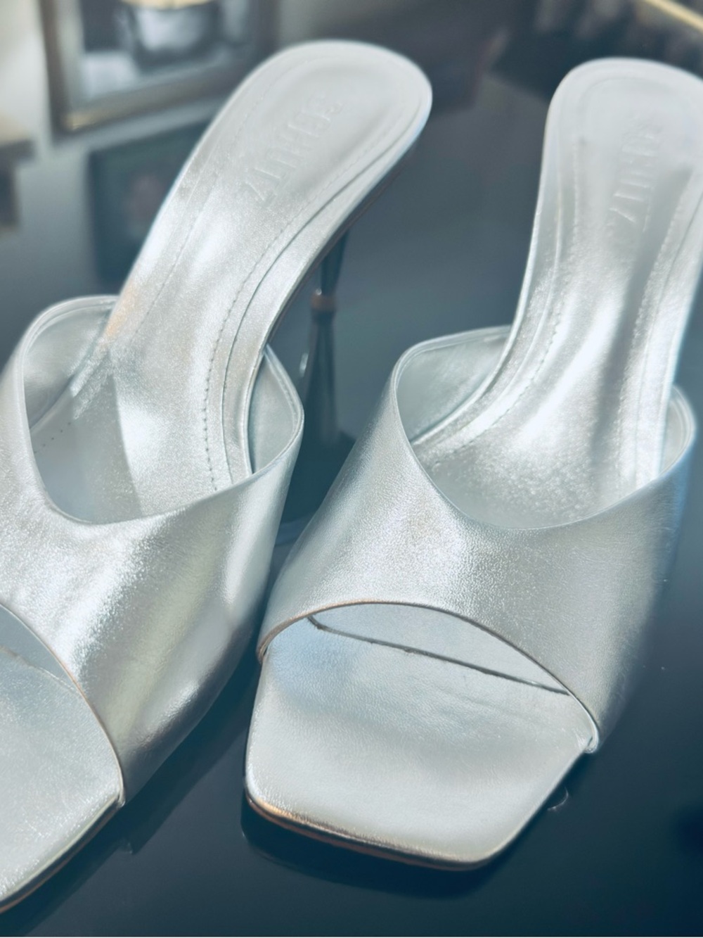 SCHUTZ Metallic Silver Open-Toe Mule Heels